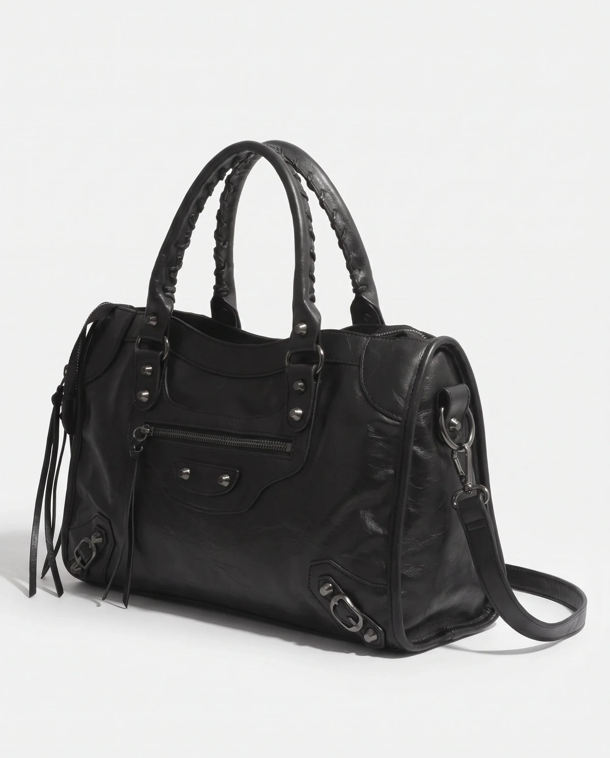 Women's Large Studded Biker Crossbody Bag with Fringe