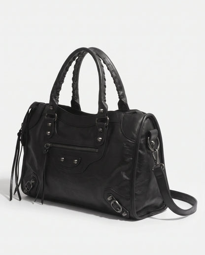 Women's Large Studded Biker Crossbody Bag with Fringe