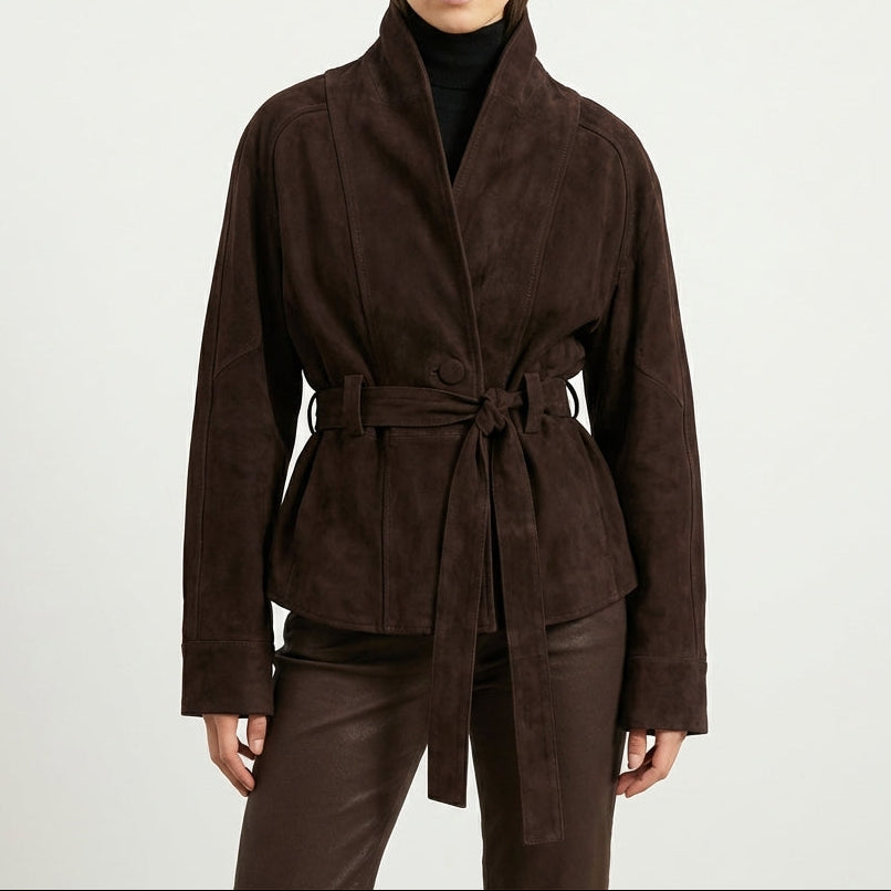 Women's Belted Suede Wrap Jacket Shawl Collar Hip-Length