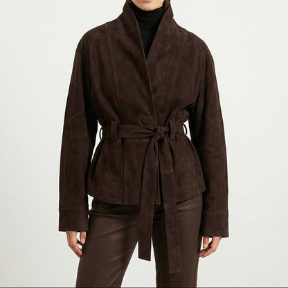 Women's Belted Suede Wrap Jacket Shawl Collar Hip-Length