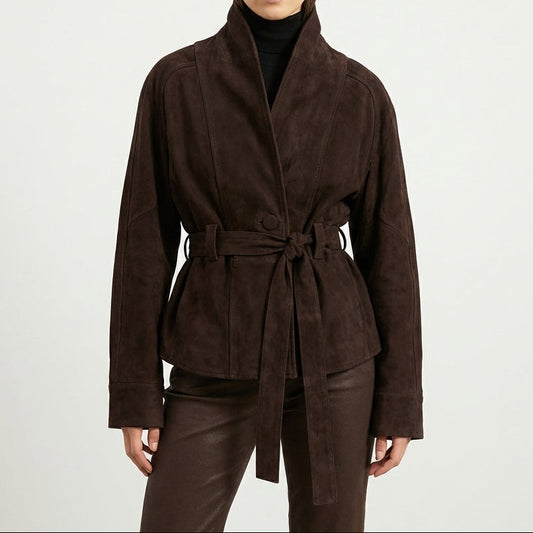 Women's Belted Suede Wrap Jacket Shawl Collar Hip-Length