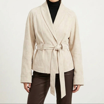 Women's Belted Suede Wrap Jacket Shawl Collar Hip-Length