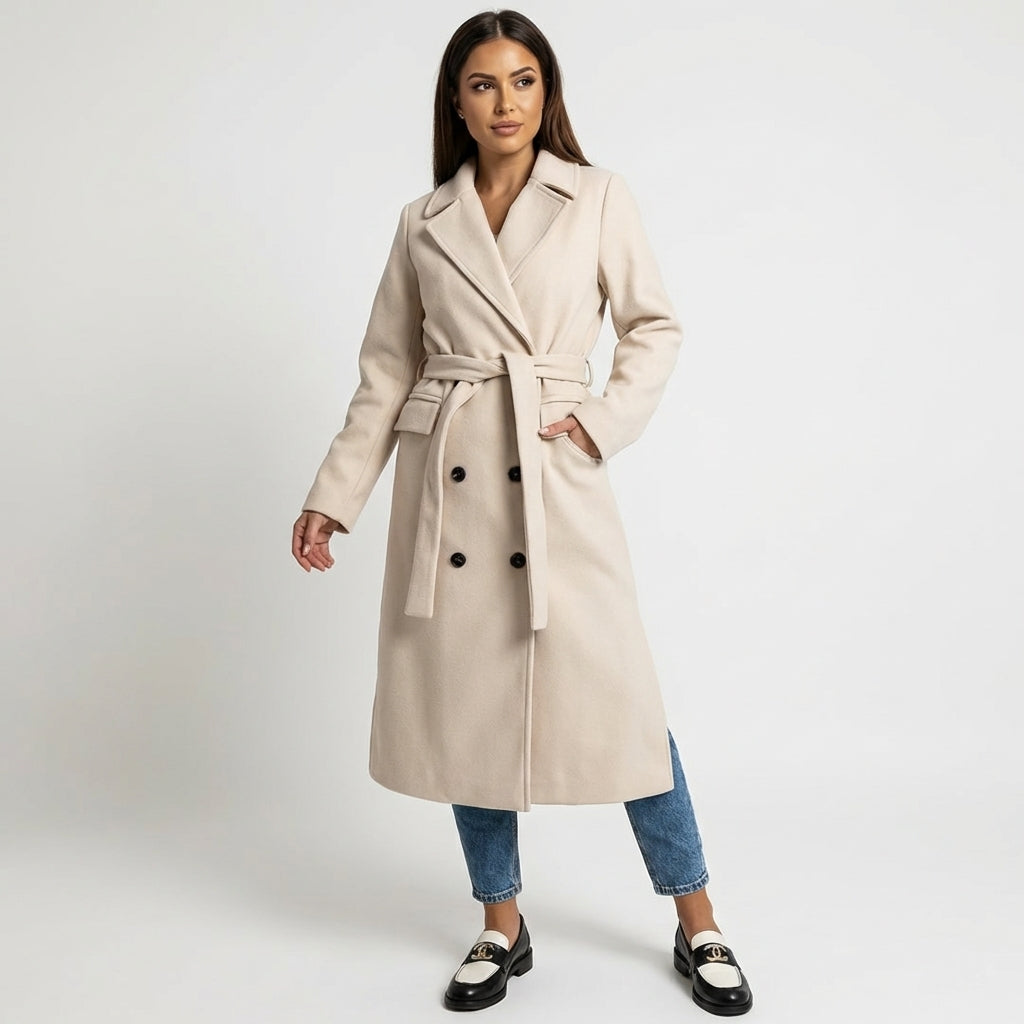 Women's Double-Breasted Belted Wool-Blend Overcoat Longline