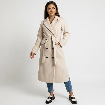 Women's Double-Breasted Belted Wool-Blend Overcoat Longline