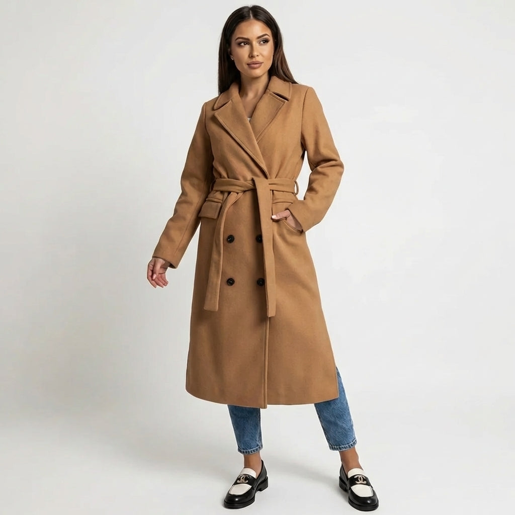 Women's Double-Breasted Belted Wool-Blend Overcoat Longline