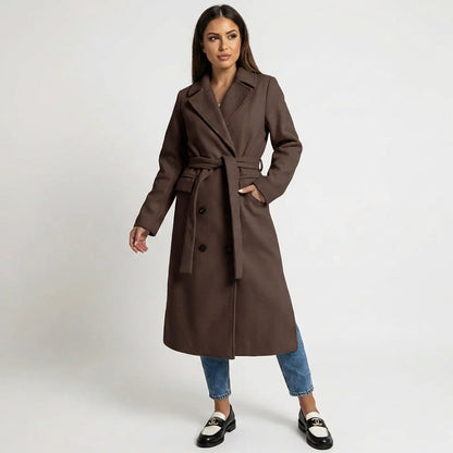 Women's Double-Breasted Belted Wool-Blend Overcoat Longline