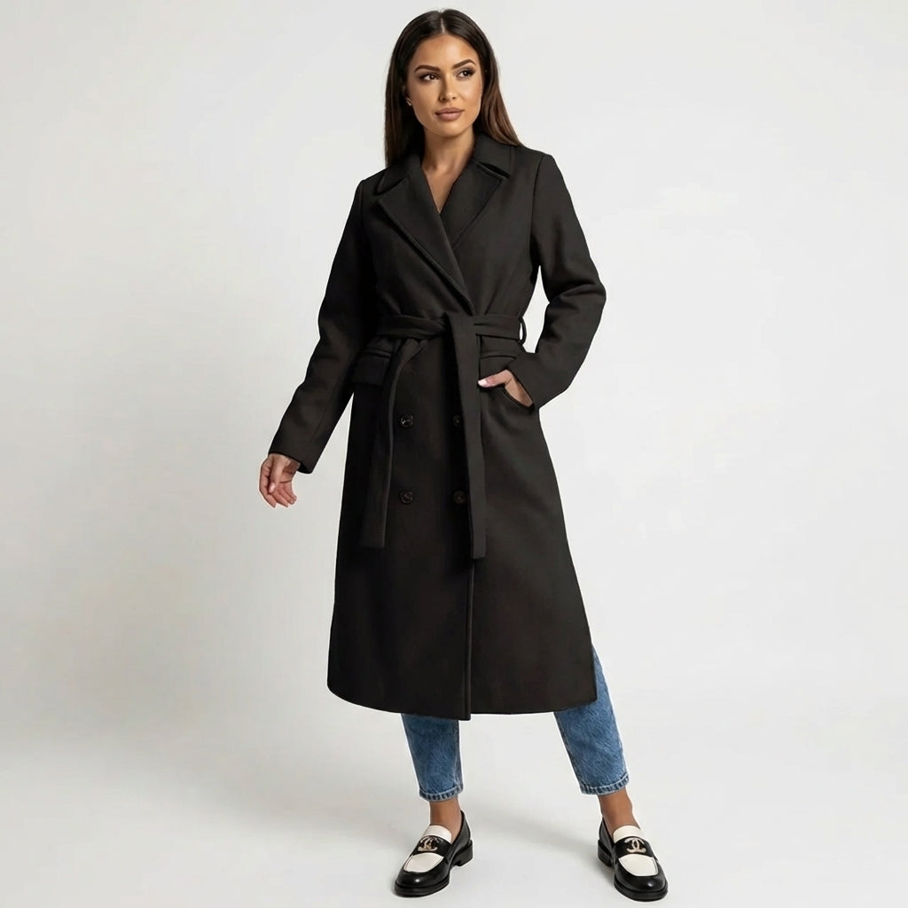 Women's Double-Breasted Belted Wool-Blend Overcoat Longline