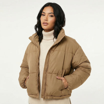 Women's Relaxed Stand Collar Zip-Up Warm Puffer Jacket