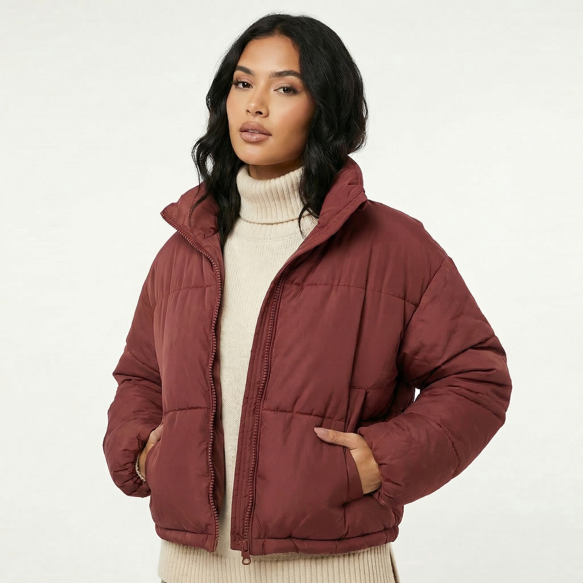 Women's Relaxed Stand Collar Zip-Up Warm Puffer Jacket