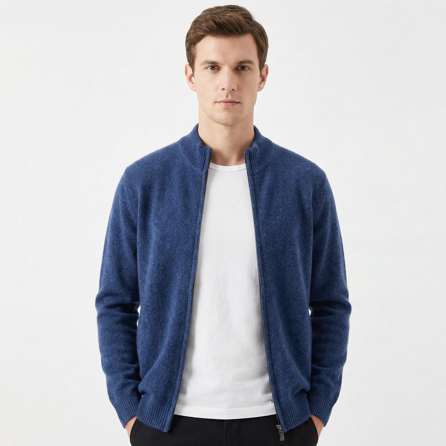 Men's Premium Wool-Blend Slim Fit Full-Zip Mock Neck Cardigan