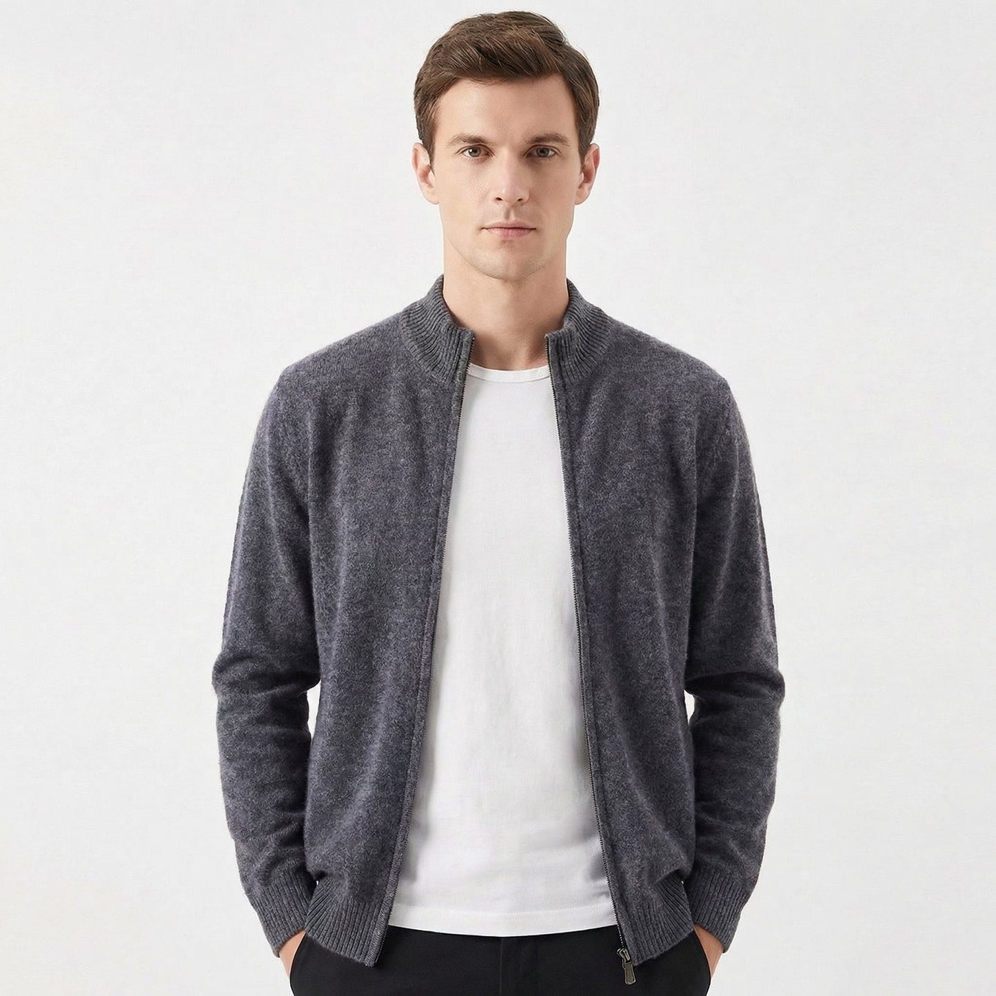 Men's Premium Wool-Blend Slim Fit Full-Zip Mock Neck Cardigan