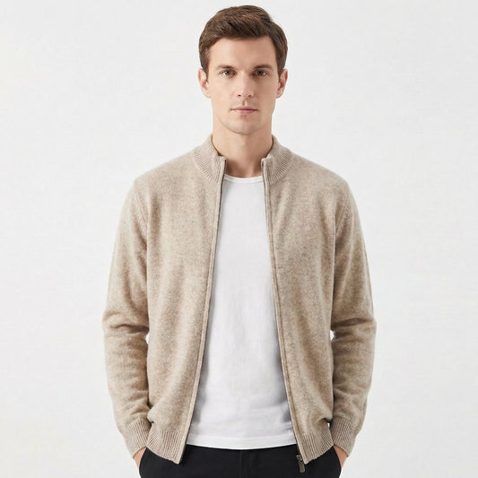 Men's Premium Wool-Blend Slim Fit Full-Zip Mock Neck Cardigan