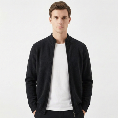 Men's Premium Wool-Blend Slim Fit Full-Zip Mock Neck Cardigan