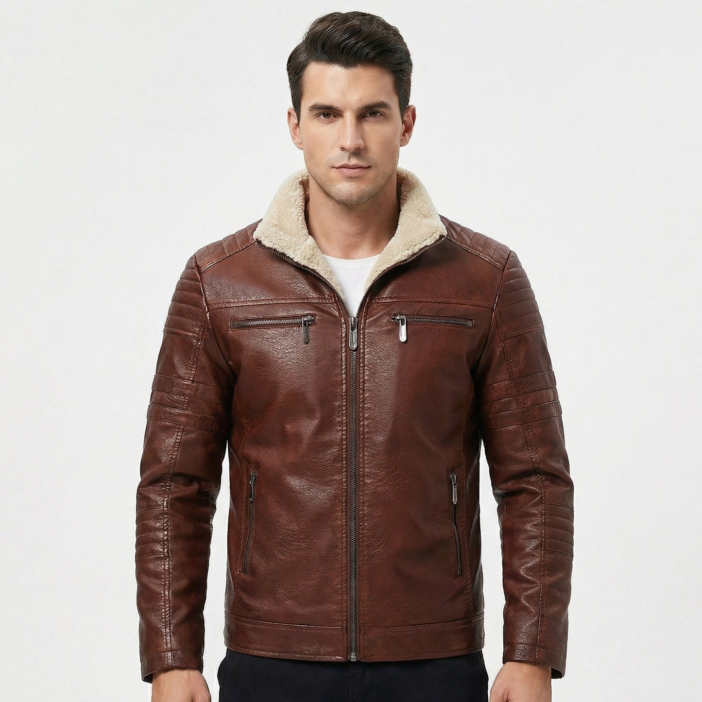 Fur Lined Faux Leather Motorcycle Jacket
