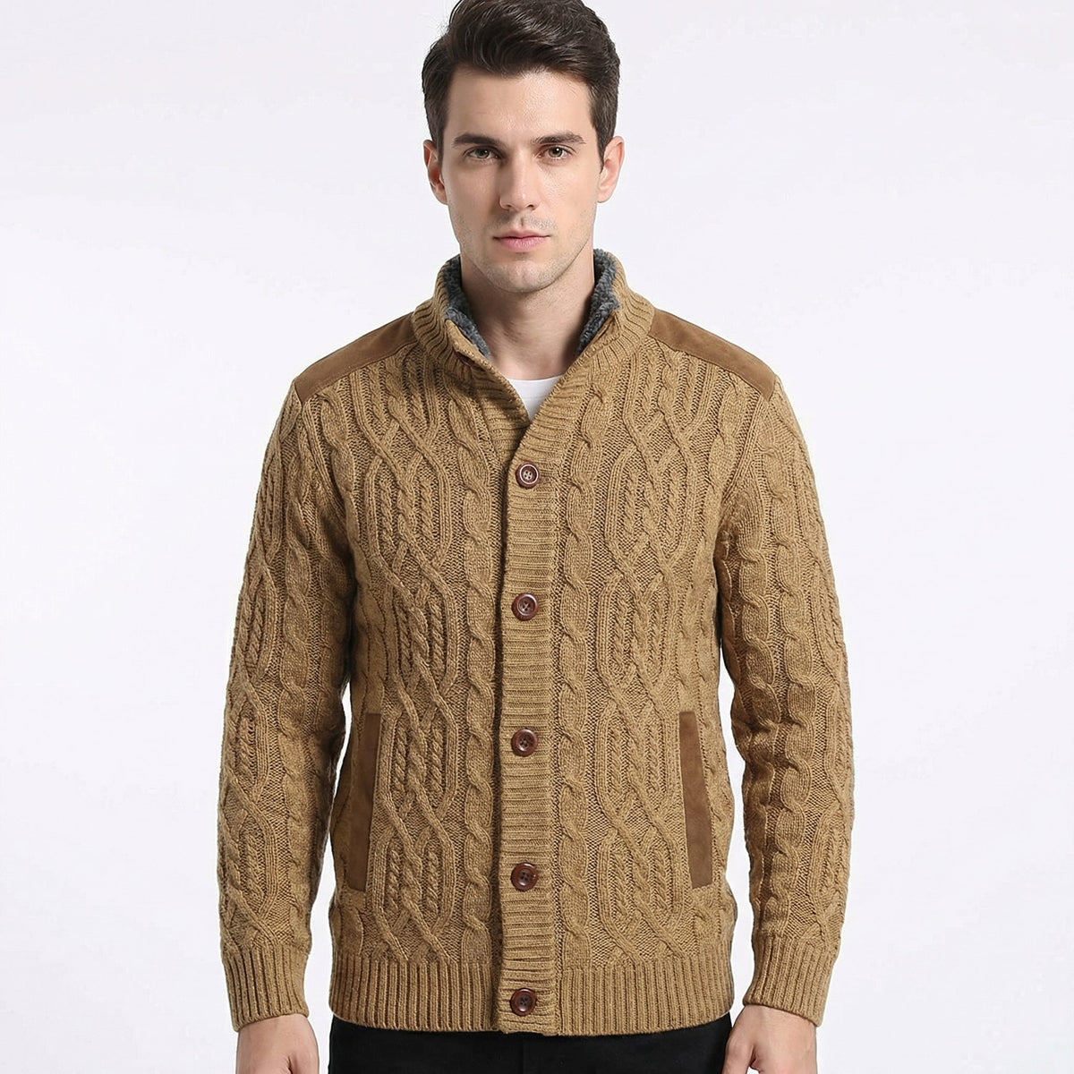 Fleece Lined Button-Up Cardigan with Suede Detail