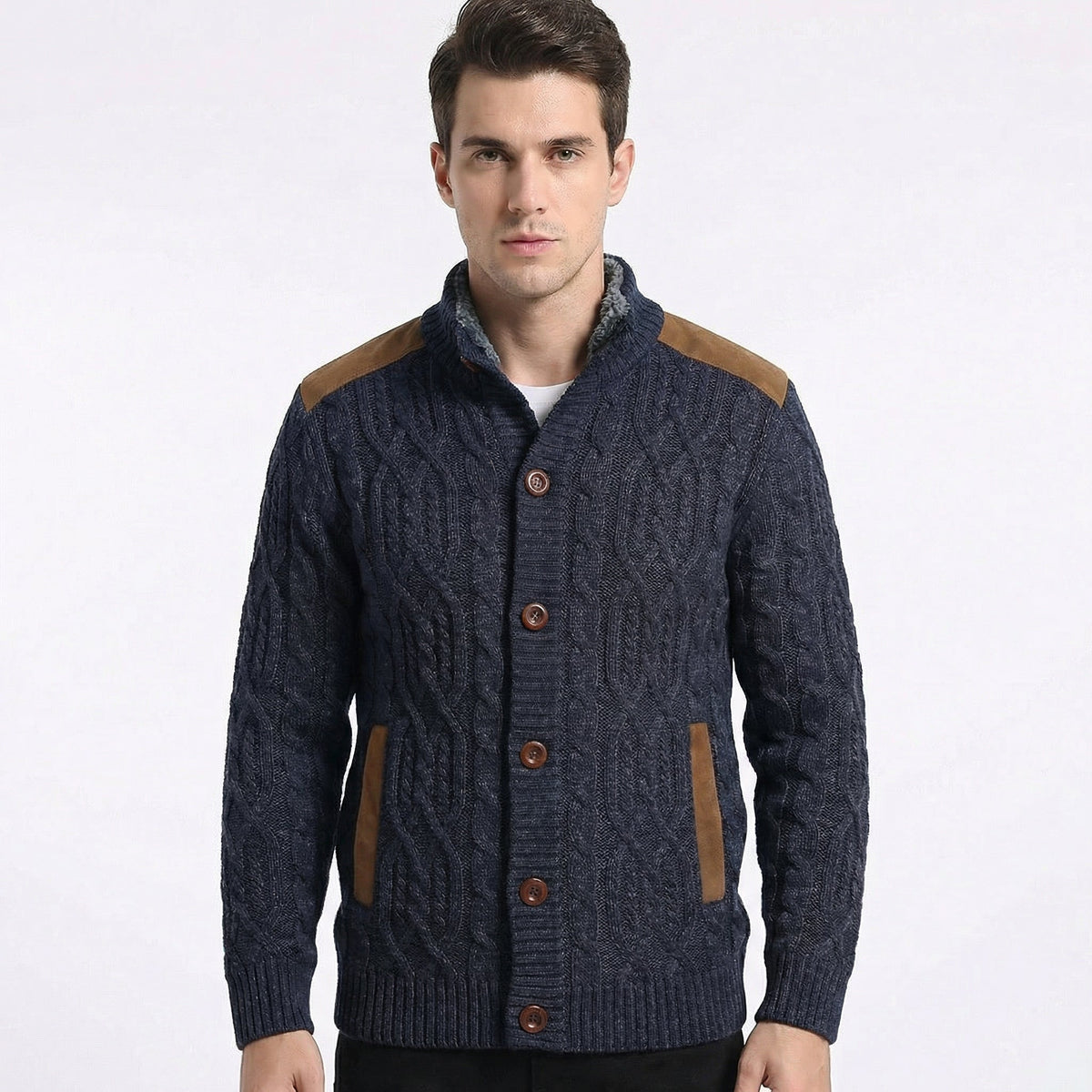 Fleece Lined Button-Up Cardigan with Suede Detail