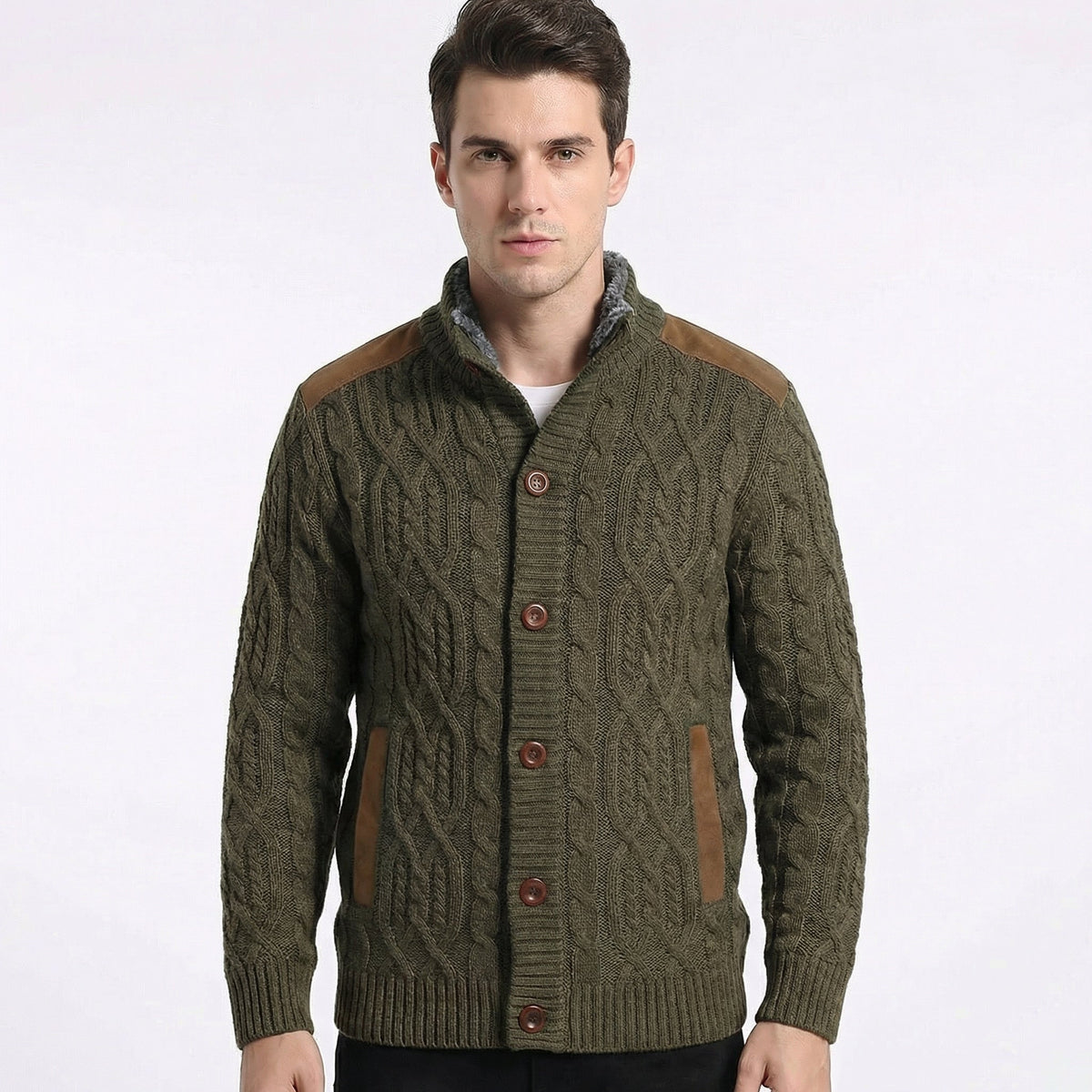 Fleece Lined Button-Up Cardigan with Suede Detail