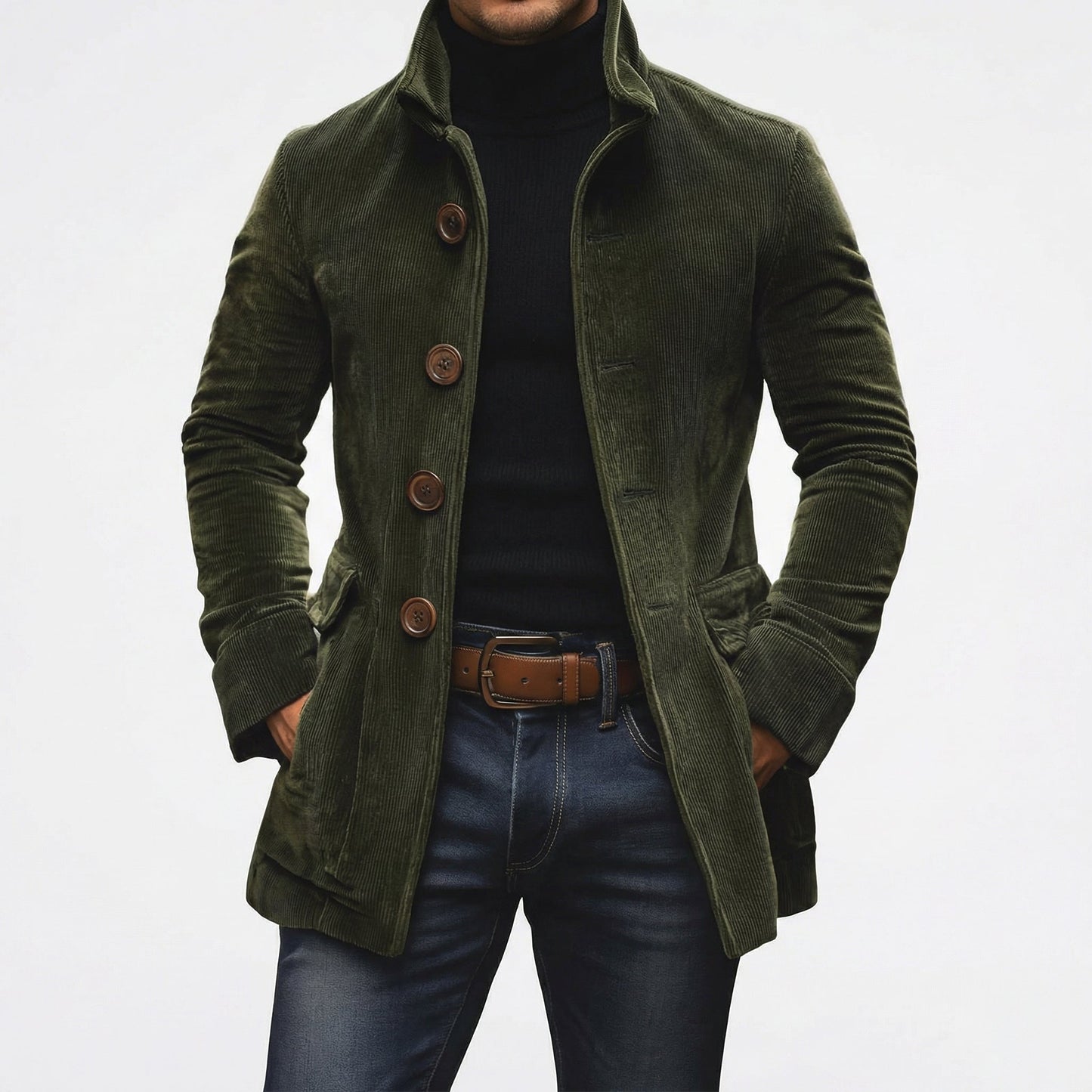Corduroy Stand Collar Button-Up Coat
