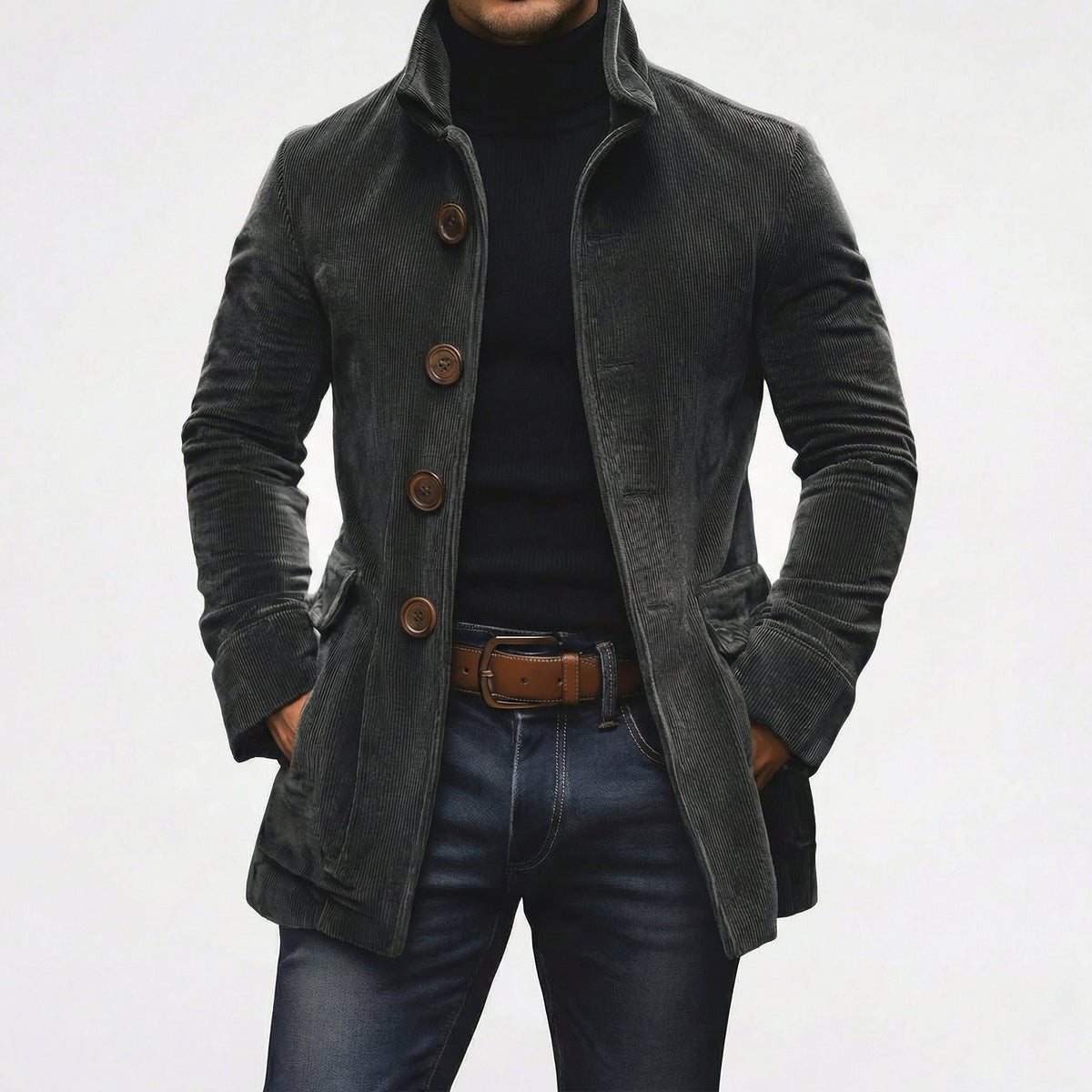 Corduroy Stand Collar Button-Up Coat