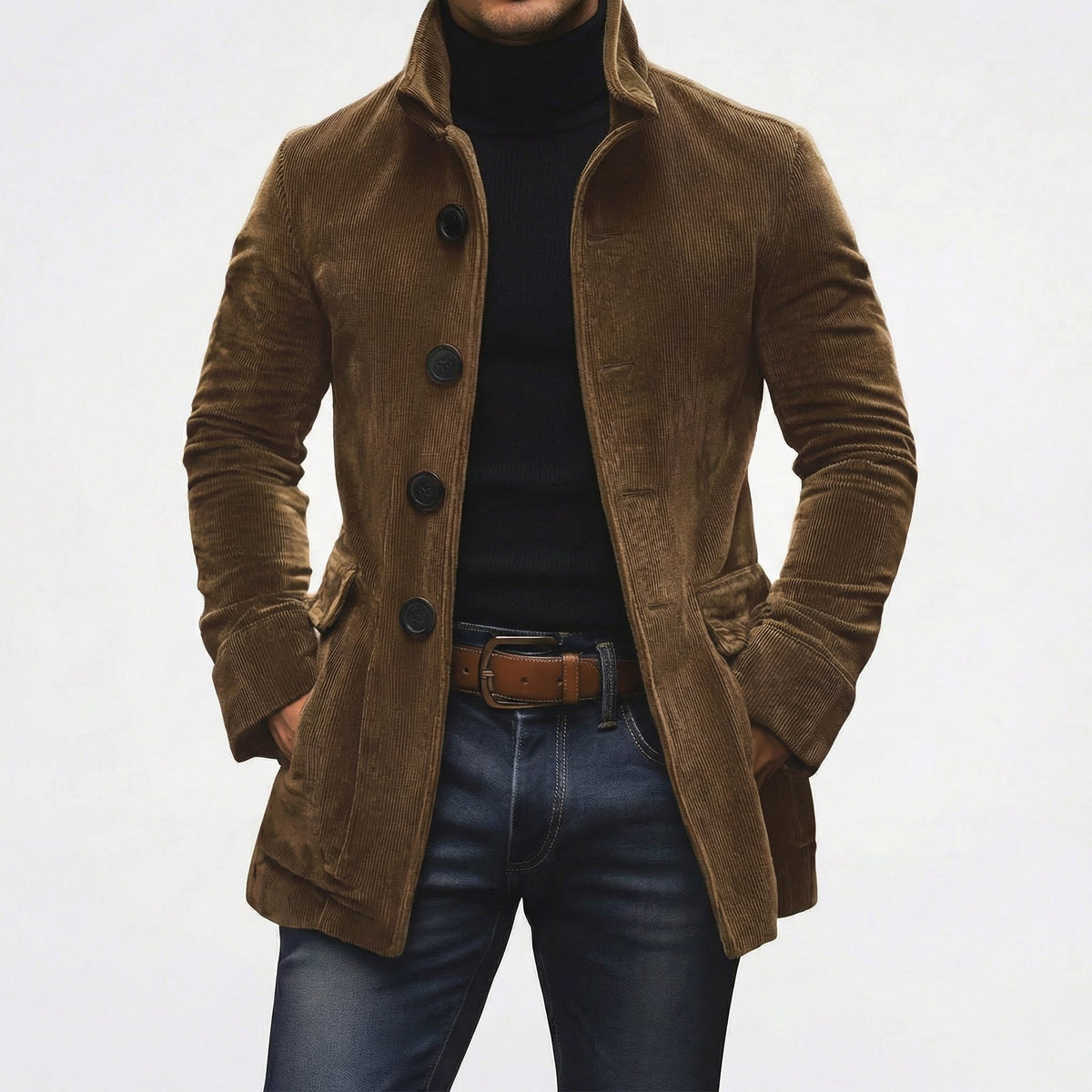 Corduroy Stand Collar Button-Up Coat