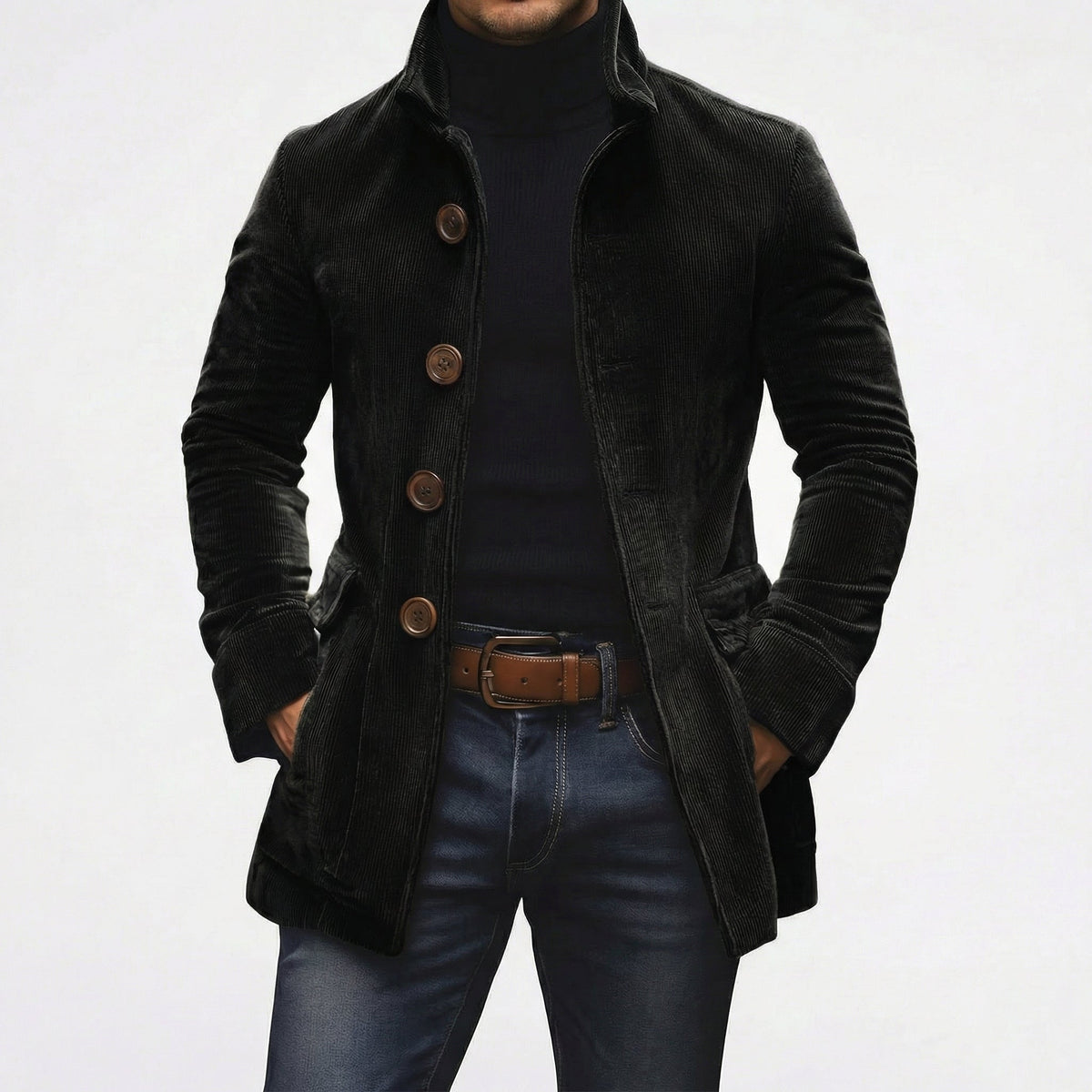 Corduroy Stand Collar Button-Up Coat
