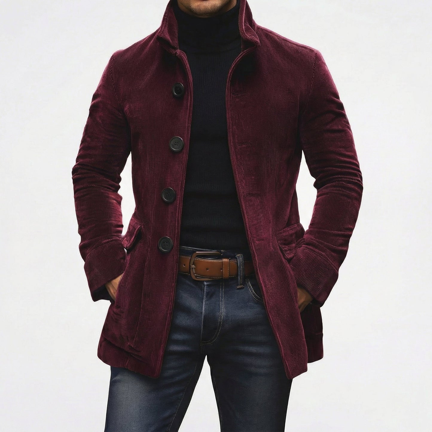 Corduroy Stand Collar Button-Up Coat