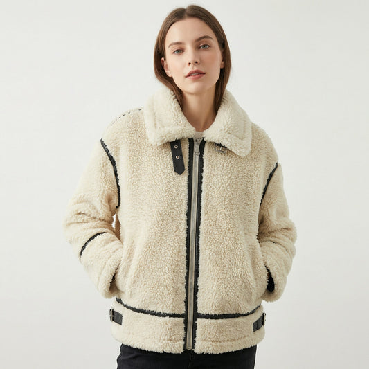 Women's Teddy Jacket – Sherpa Fleece Aviator Jacket with Leather Trim