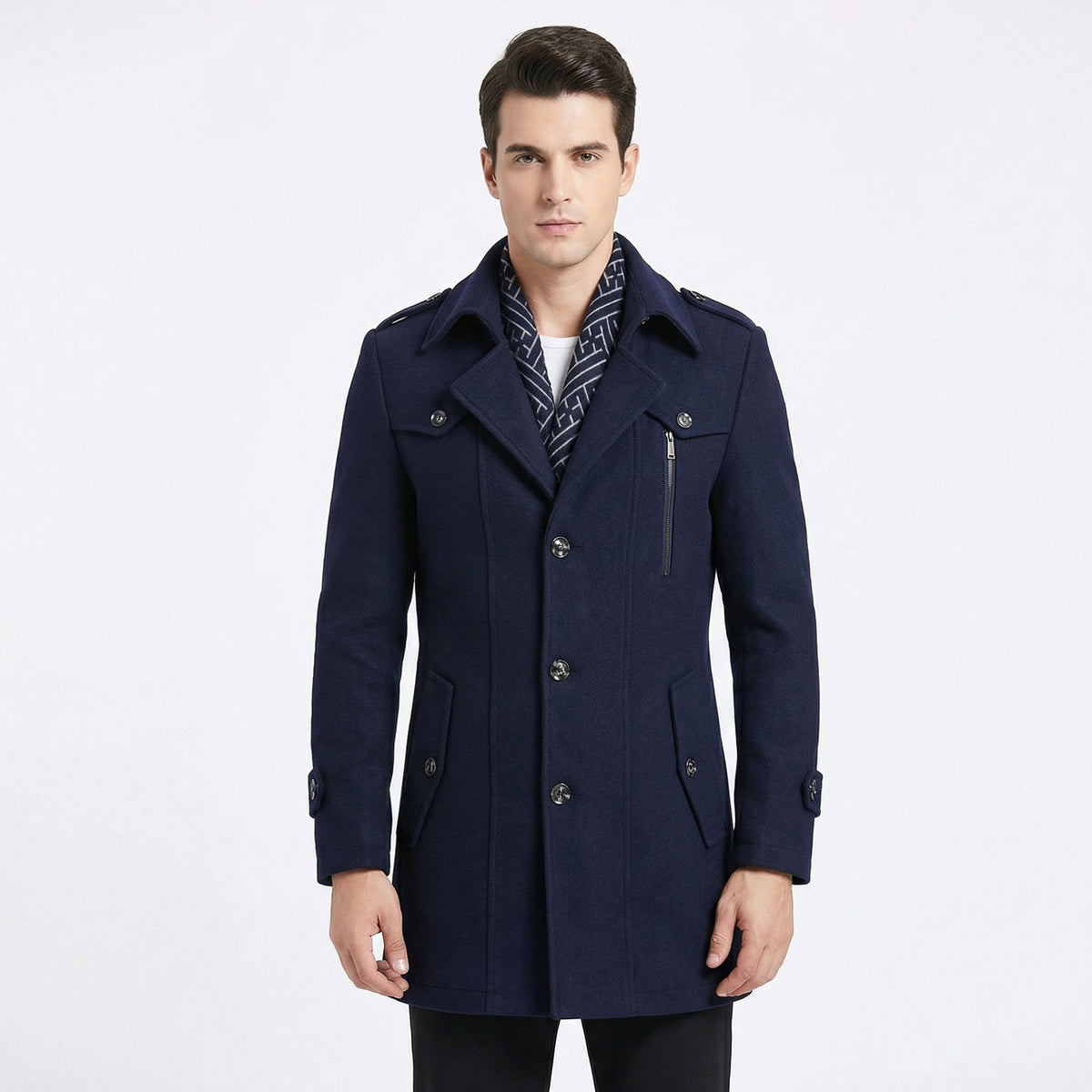 Men's Trench Coat – Wool Blend Mid-Length Military Overcoat with Scarf Collar