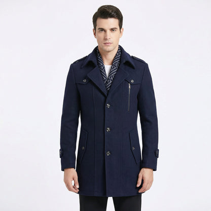 Men's Trench Coat – Wool Blend Mid-Length Military Overcoat with Scarf Collar