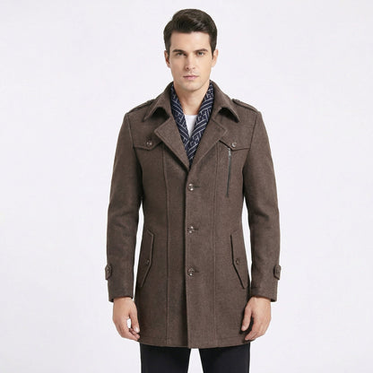 Men's Trench Coat – Wool Blend Mid-Length Military Overcoat with Scarf Collar