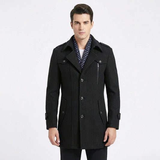 Men's Trench Coat – Wool Blend Mid-Length Military Overcoat with Scarf Collar