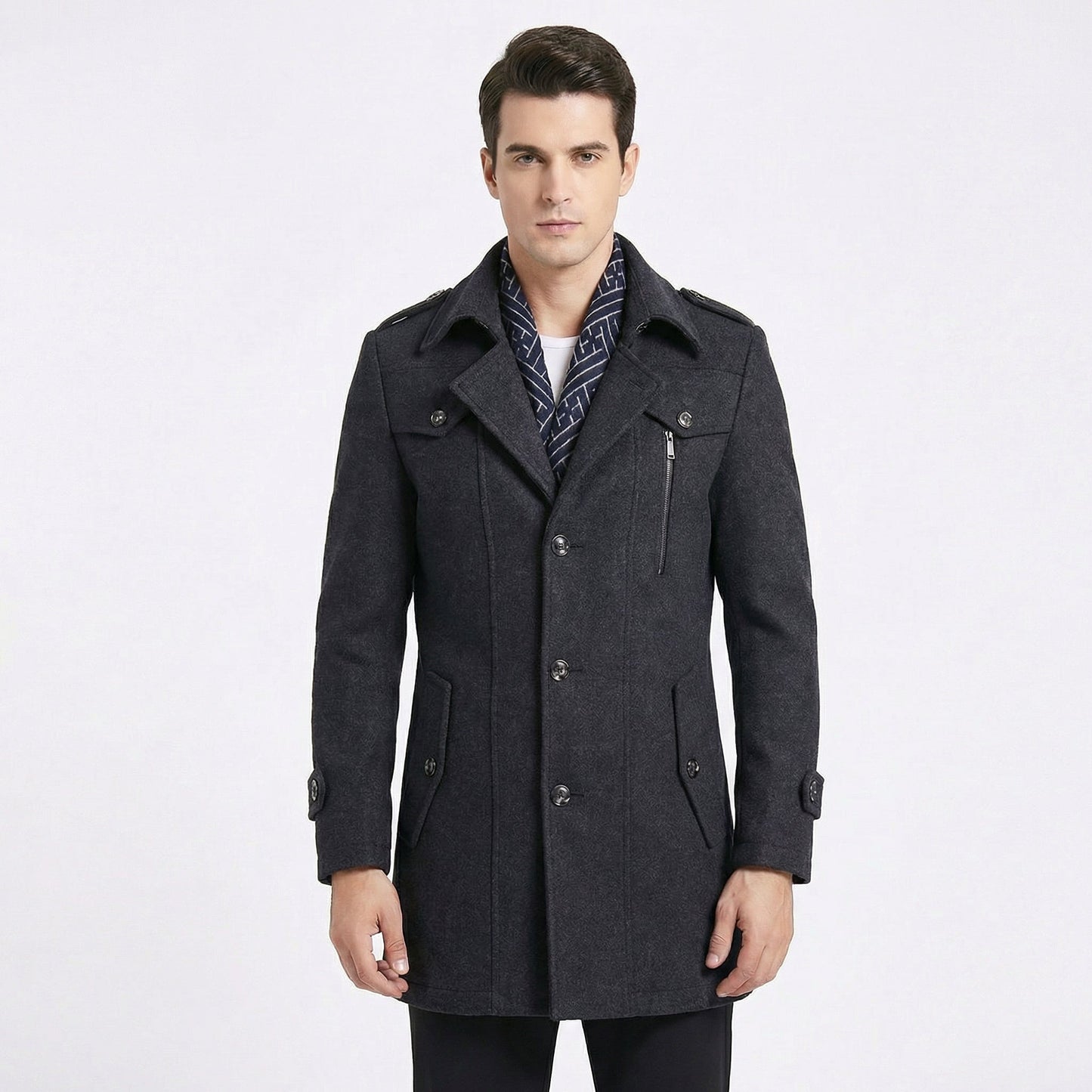 Men's Trench Coat – Wool Blend Mid-Length Military Overcoat with Scarf Collar