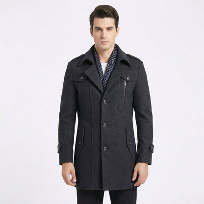 Men's Trench Coat – Wool Blend Mid-Length Military Overcoat with Scarf Collar
