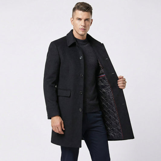 Men's Overcoat – Quilted Lined Wool Blend Single-Breasted Coat