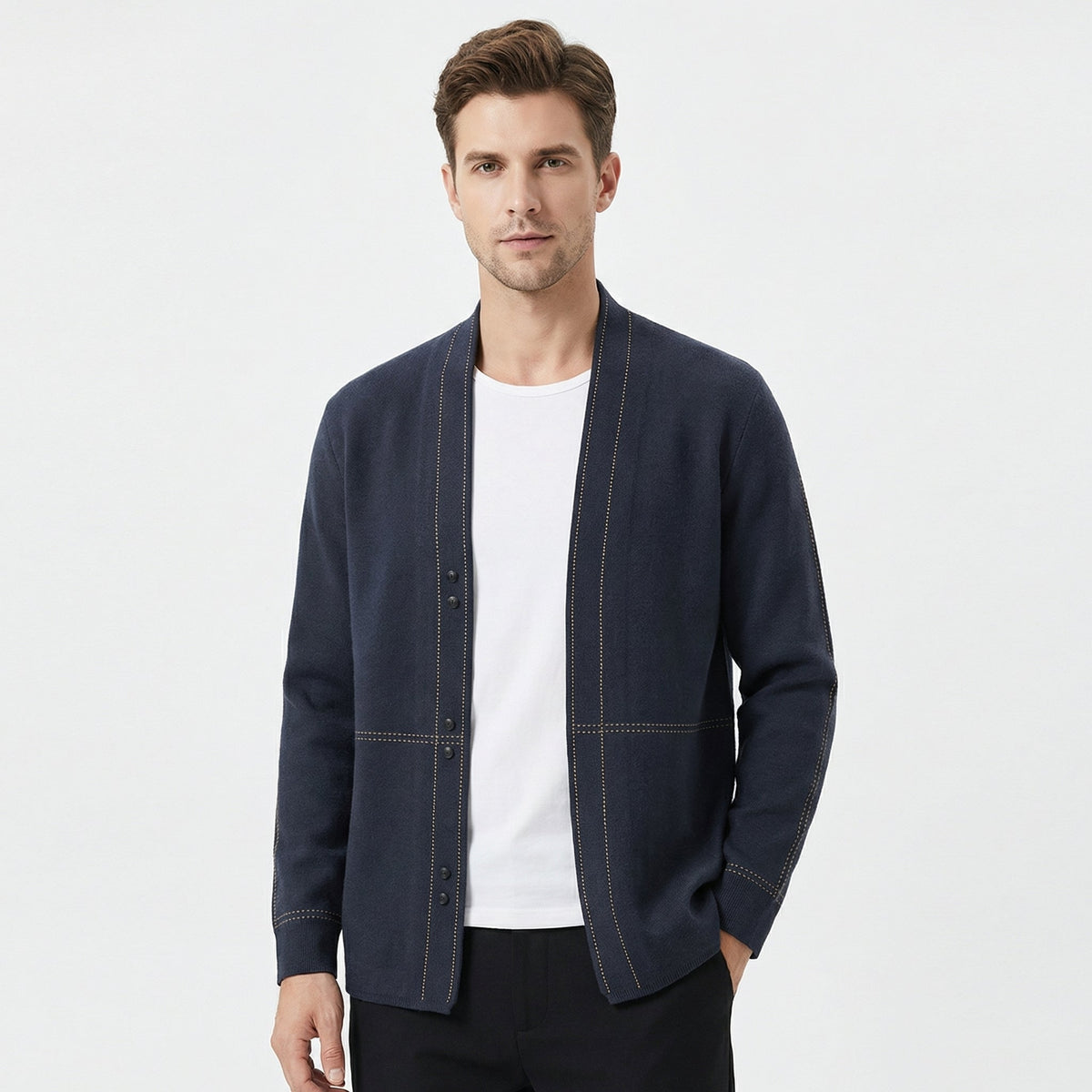 Men's Cardigan – Contrast Stitch Open Front Knit Cardigan Sweater