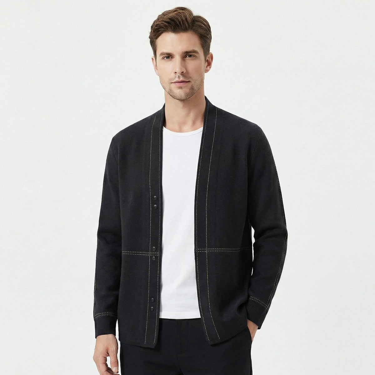 Men's Cardigan – Contrast Stitch Open Front Knit Cardigan Sweater