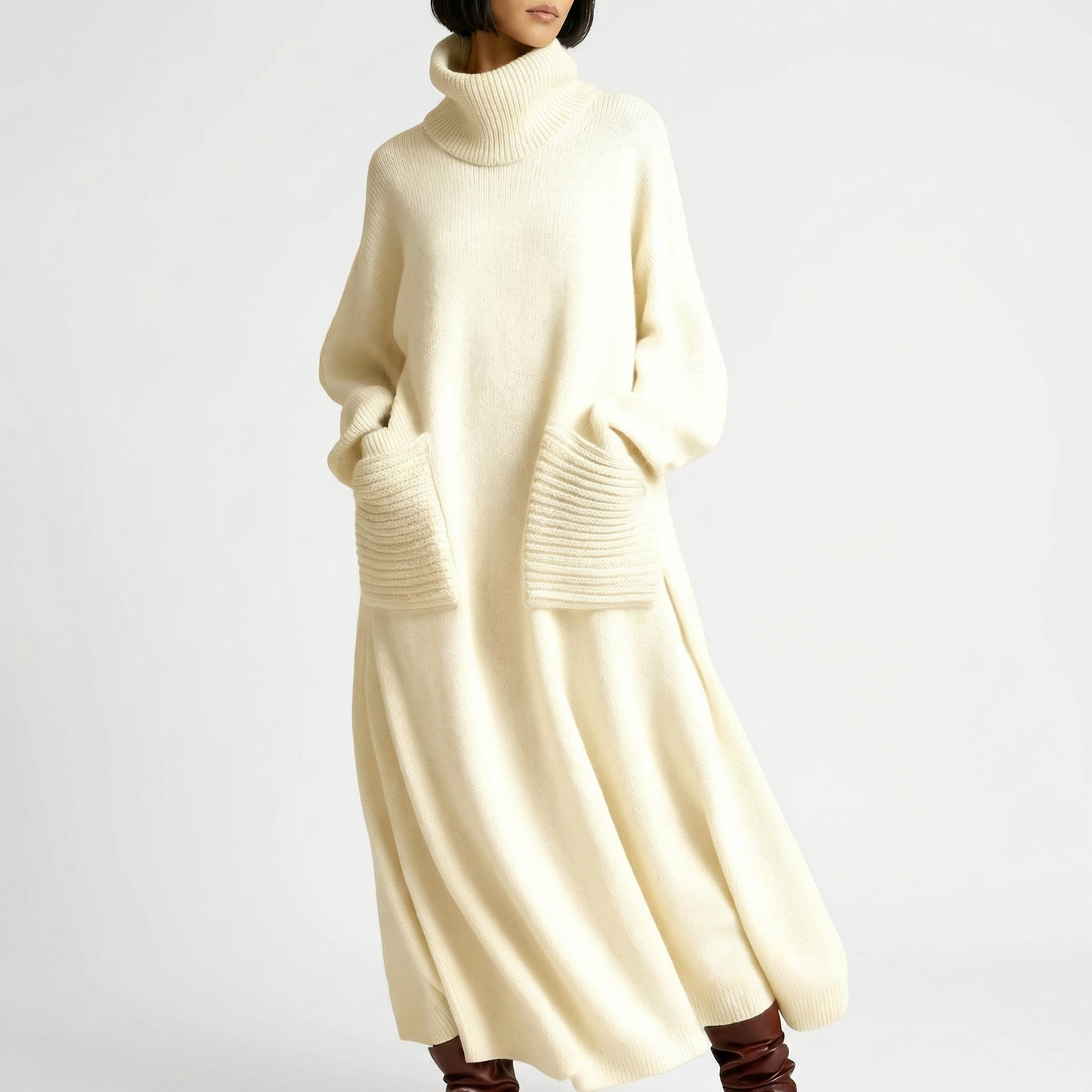 Women's Oversized Turtleneck Knit Maxi Dress with Patch Pockets