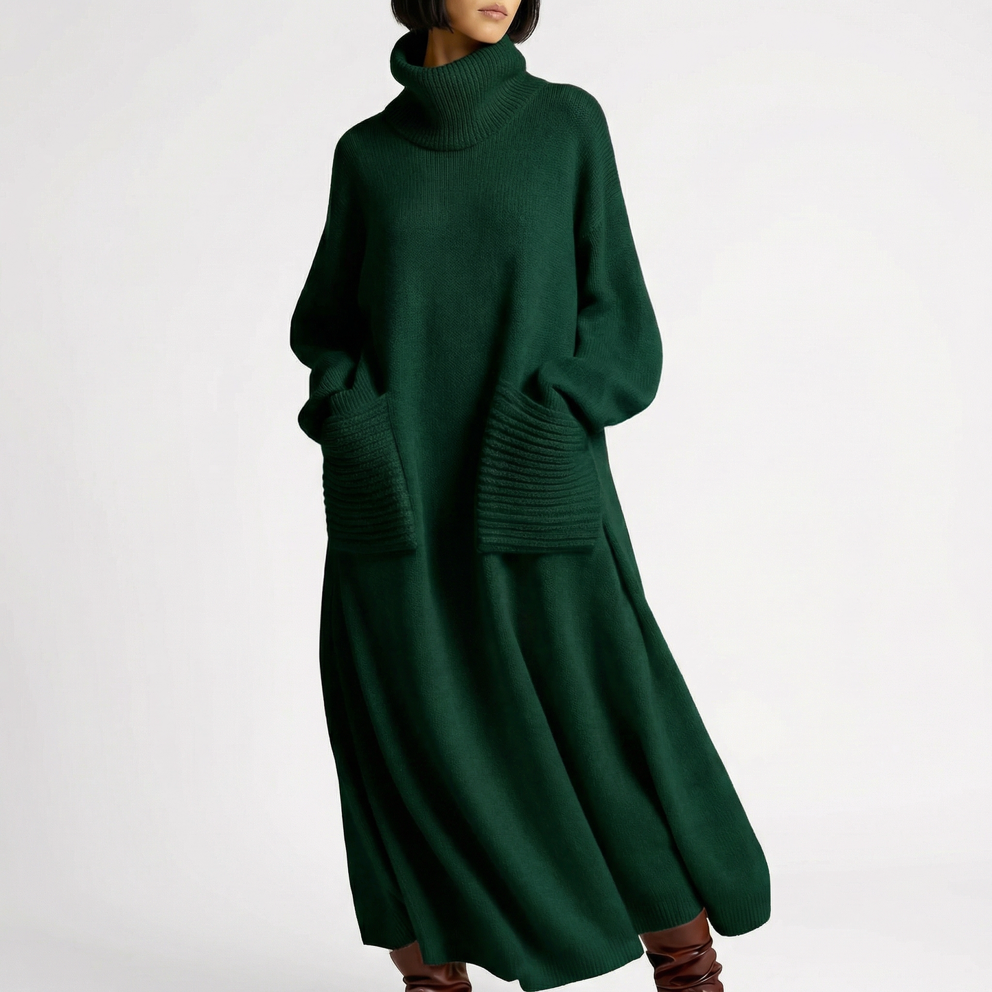 Women's Oversized Turtleneck Knit Maxi Dress with Patch Pockets