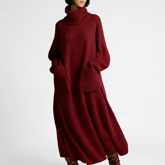 Women's Oversized Turtleneck Knit Maxi Dress with Patch Pockets