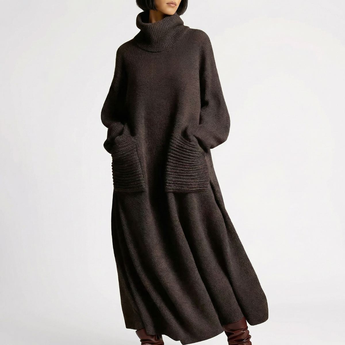 Women's Oversized Turtleneck Knit Maxi Dress with Patch Pockets