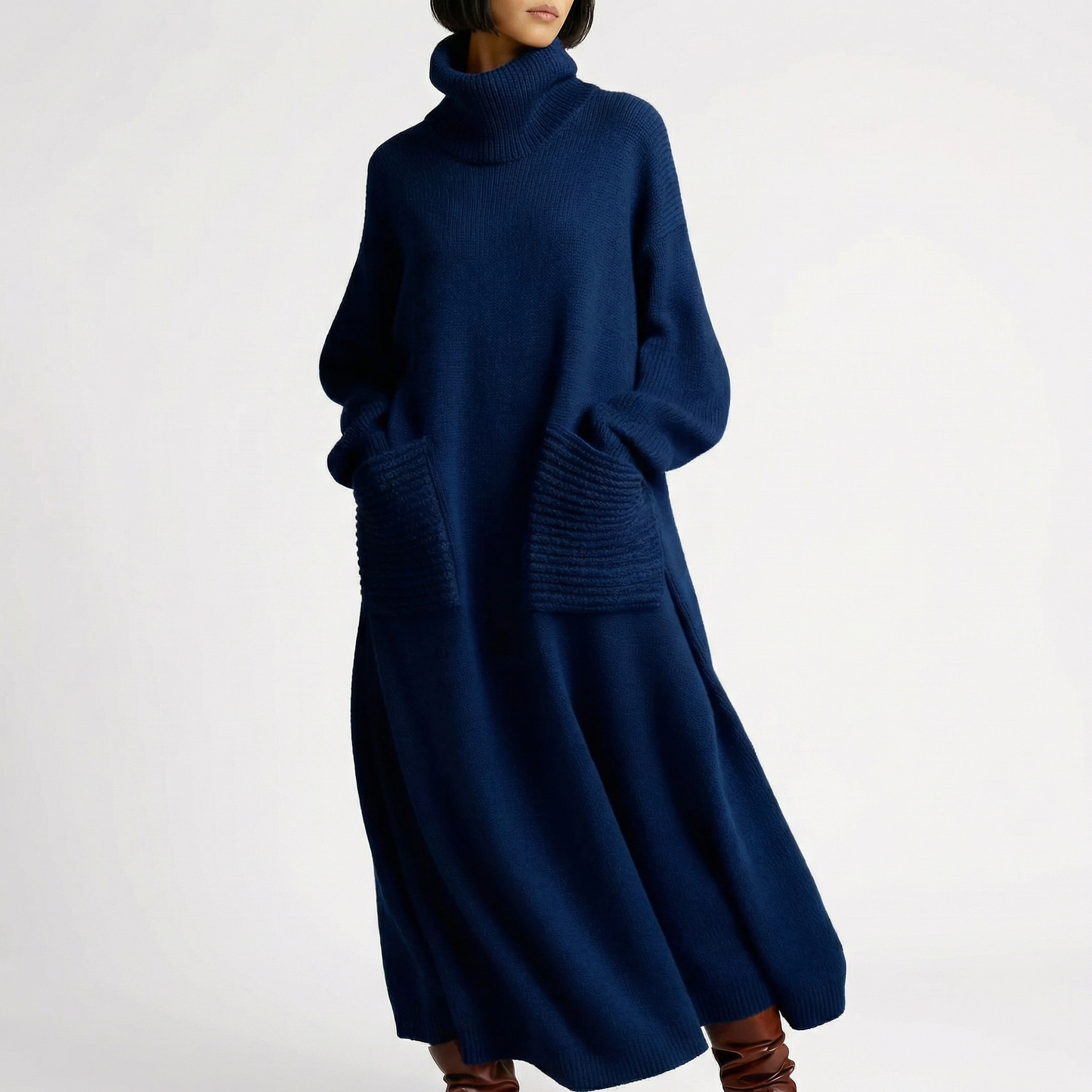 Women's Oversized Turtleneck Knit Maxi Dress with Patch Pockets