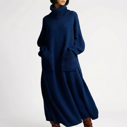 Women's Oversized Turtleneck Knit Maxi Dress with Patch Pockets