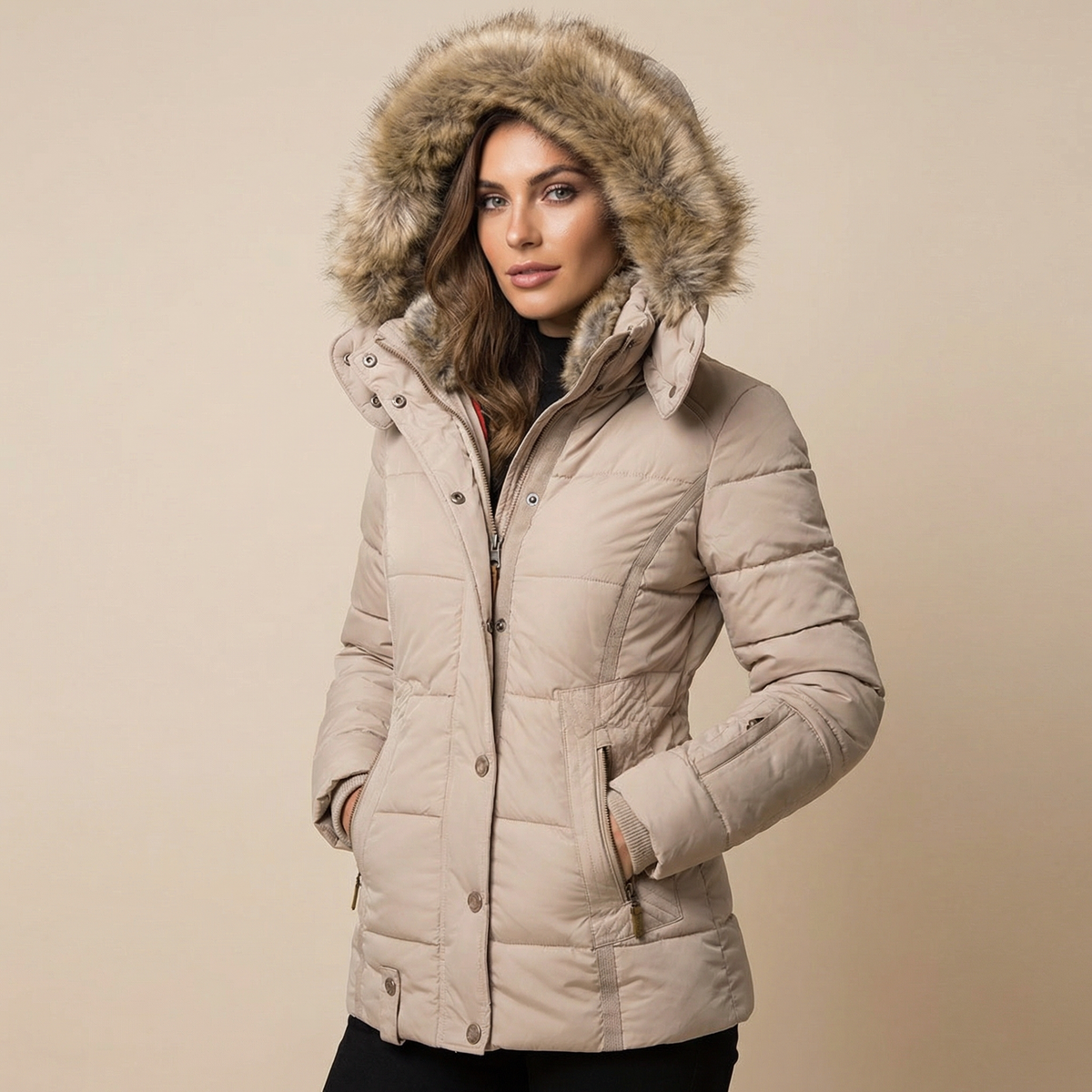 Women's Slim Fit Fur Collar Puffer Down Winter Jacket