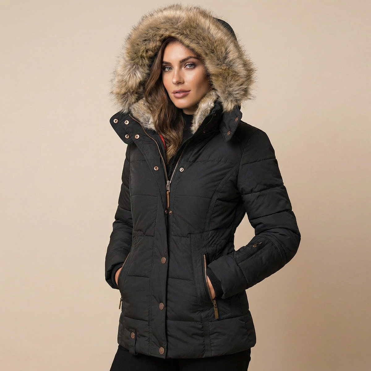 Women's Slim Fit Fur Collar Puffer Down Winter Jacket