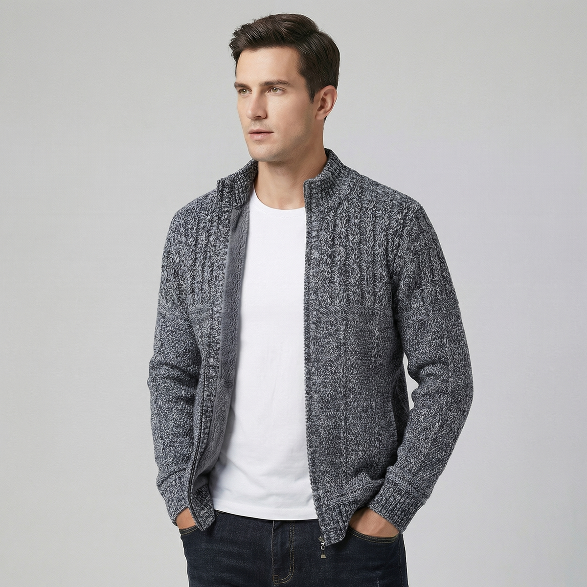 Men's Thickened Full Zip Warm Knit Cardigan Sweater