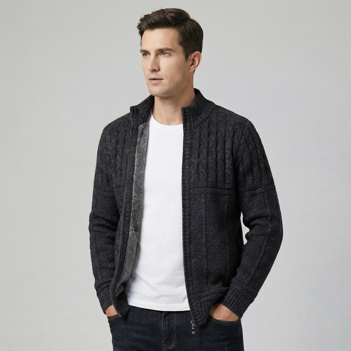 Men's Thickened Full Zip Warm Knit Cardigan Sweater