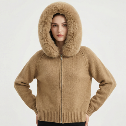 Women's Hooded Zip Knit Faux Fur Trim Loose Cardigan