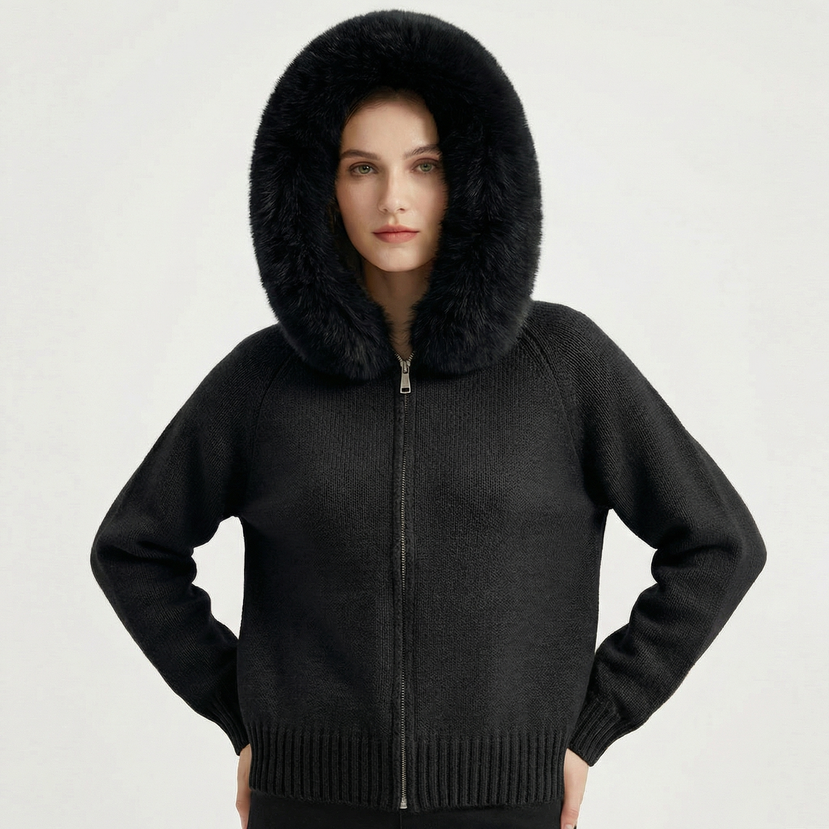 Women's Hooded Zip Knit Faux Fur Trim Loose Cardigan