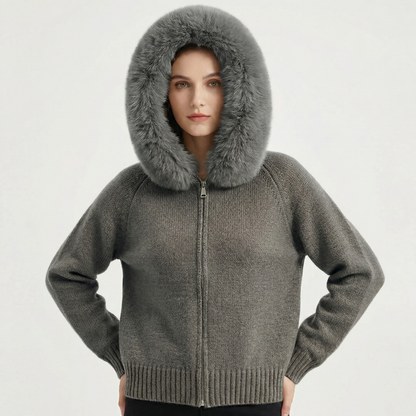 Women's Hooded Zip Knit Faux Fur Trim Loose Cardigan