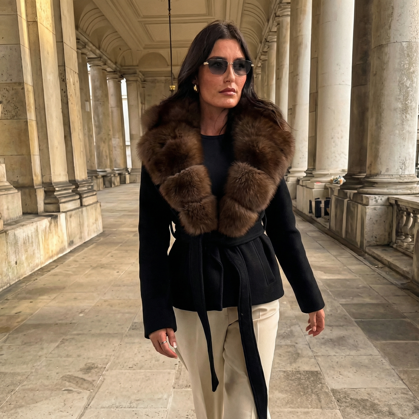 Women's Wool Blend Faux Fur Collar Elegant Wrap Coat